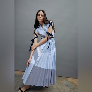 Tanya Taylor blue patchwork multi print ribbon sleeve dress